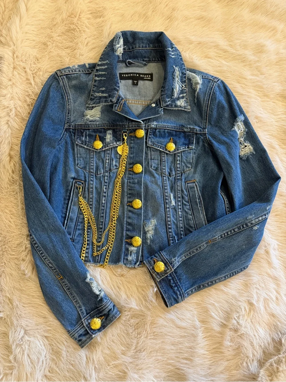 Veronica Beard Distressed Blue Cropped Denim Jacket with Gold Buttons & Chain